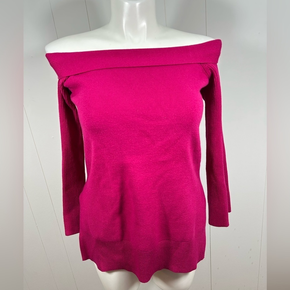By Anthropologie Sz M Ribbed Off Shoulder Long BellSleeve Hot Pink Sweater Women